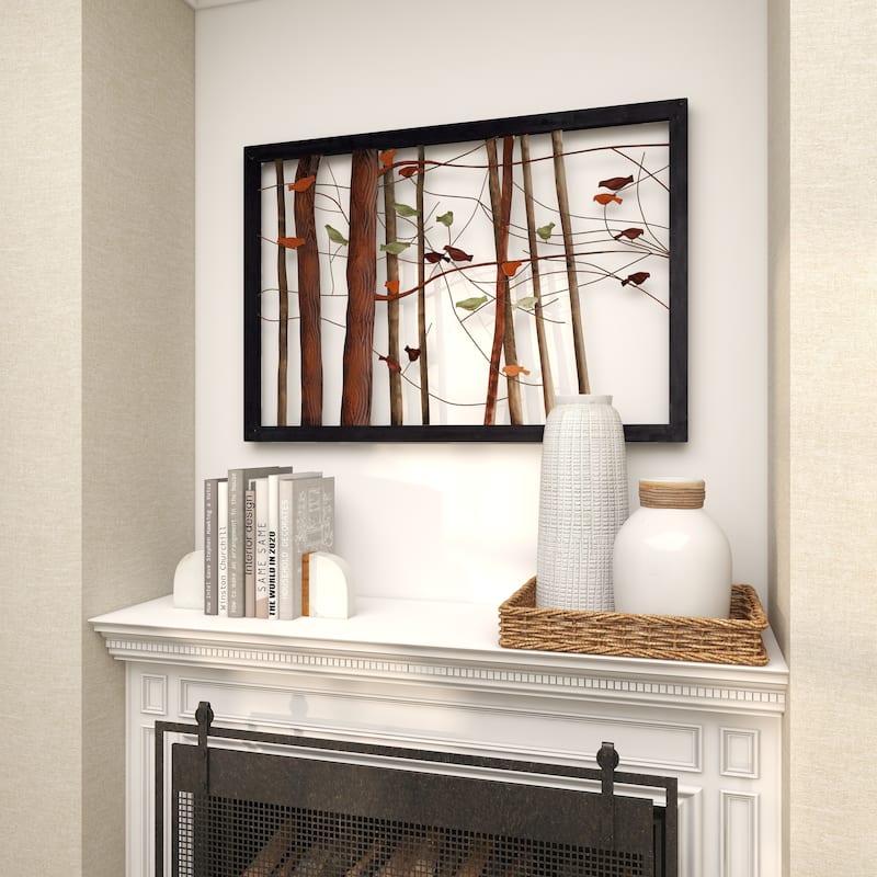 Multi Colored Metal Cutout Bird Home Wall Decor with Tree Branch Accents and Black Metal Frame