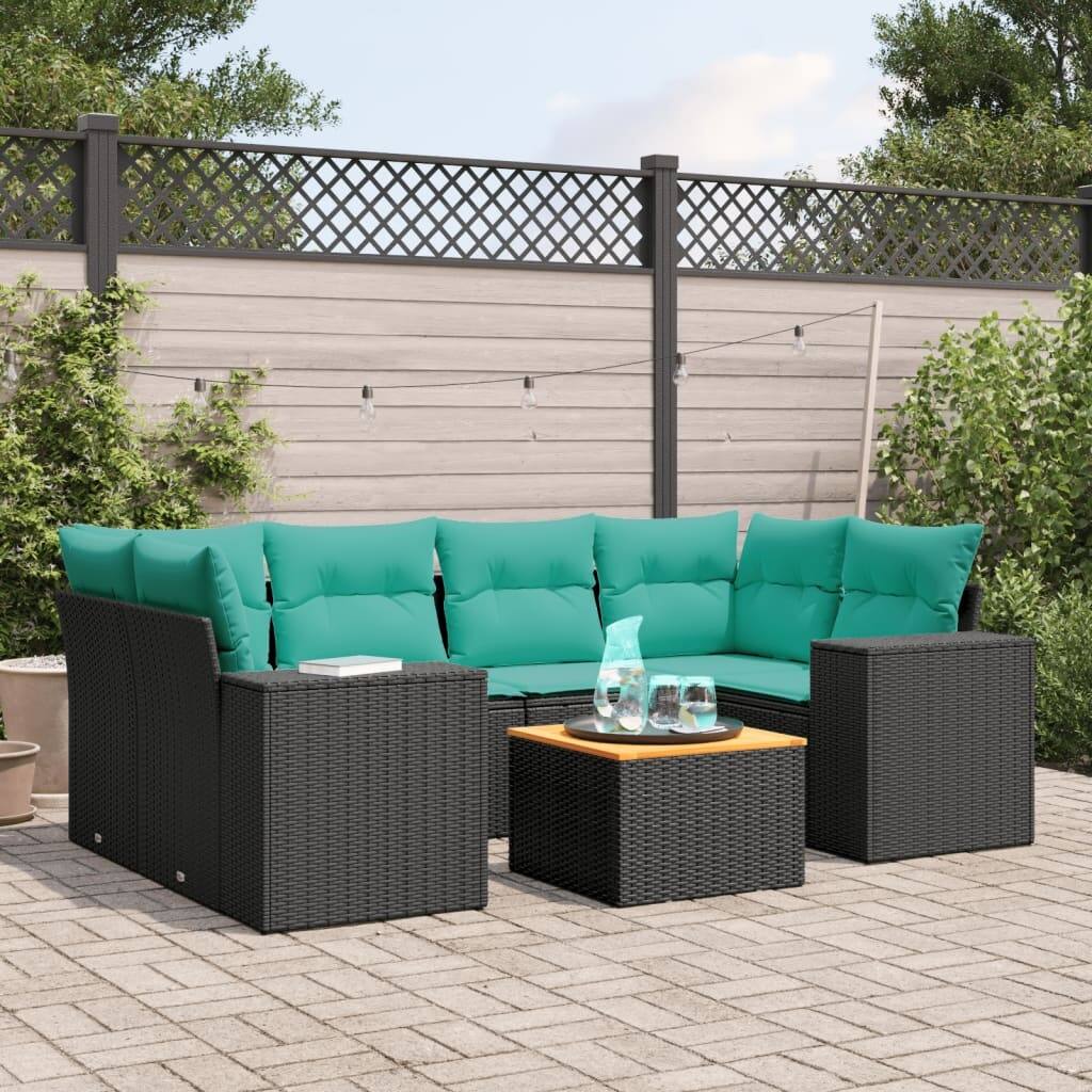vidaXL 7 Piece Patio Sofa Set with Cushions Black Poly Rattan - 24.4" x 24.4" x 27.2"