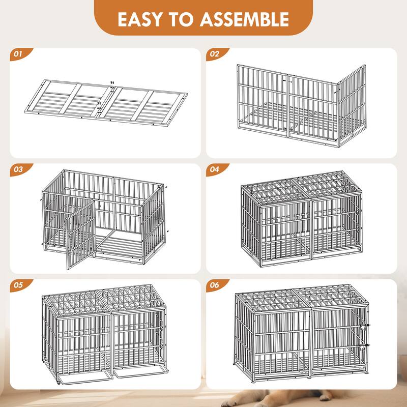 Extra Large Heavy Duty Dog Crate, Steel Escape Proof Kennel for Large Dogs, Double Door Impact Dog Crates with Removable Tray