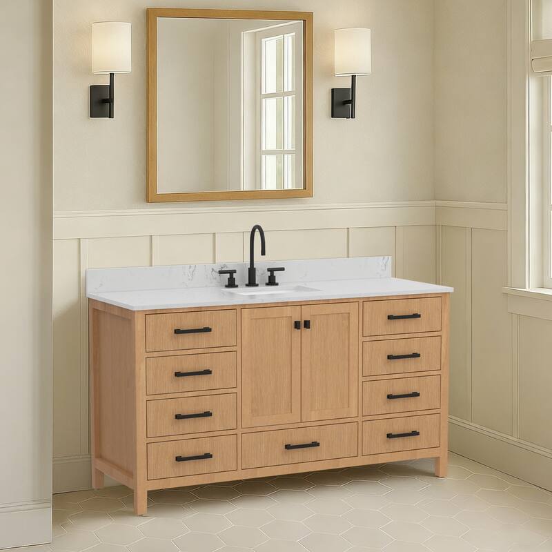 60 inch Solid Wood Freestanding Bath Vanity Engineered Countertop Undermount Rectangular Ceramic Sink - 60 inch