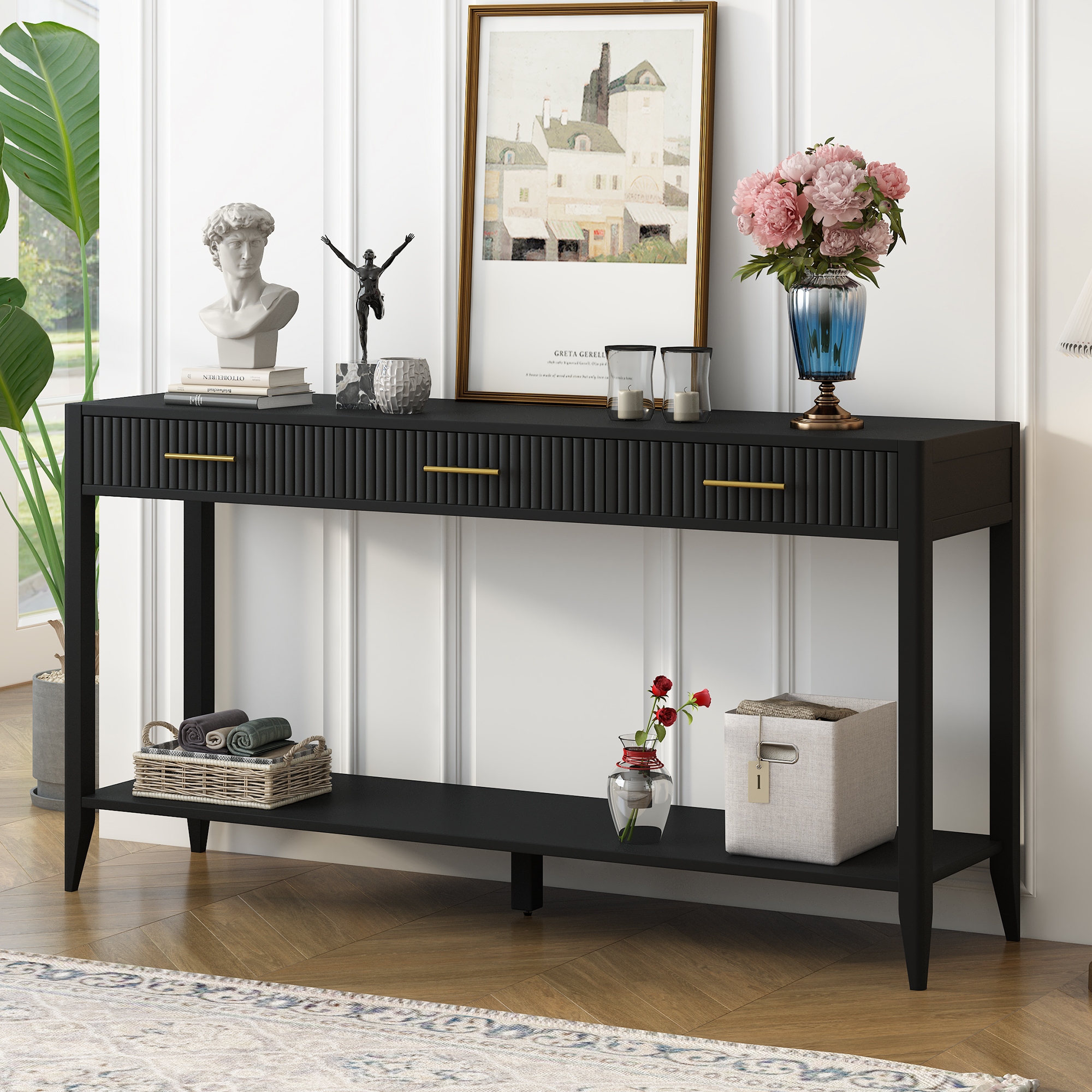 60 Black Console Table w 3 Drawers Narrow Wood Accent Sofa Table Entryway Table with Storage Shelf for Hallway Living Room Bed Bath Beyond 42001114