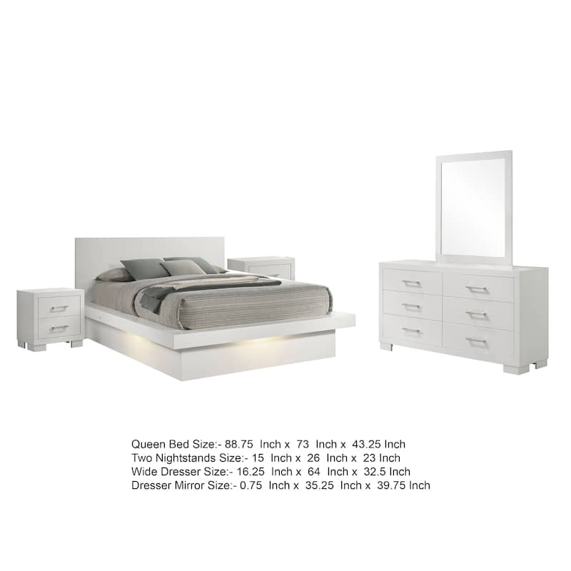 Bela 5 Piece Queen Bedroom Set, LED Lit Bedframe, Snow White Wood