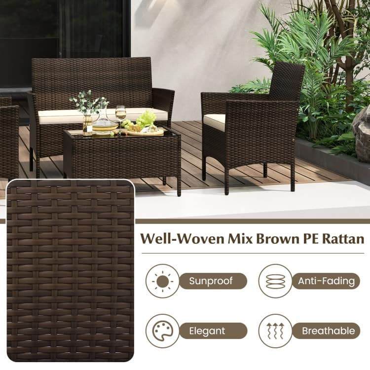4 Piece Outdoor Rattan Patio Set with Cushions and Glass Table - 39.5" x 22.5" x 32"