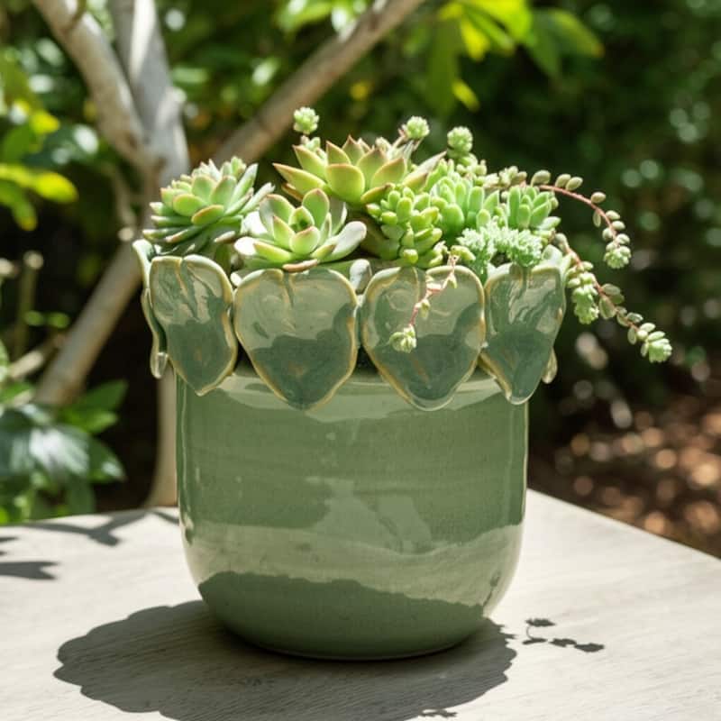 Stoneware Ceramic Planter Handcrafted Sculpted Leaf Embellishments