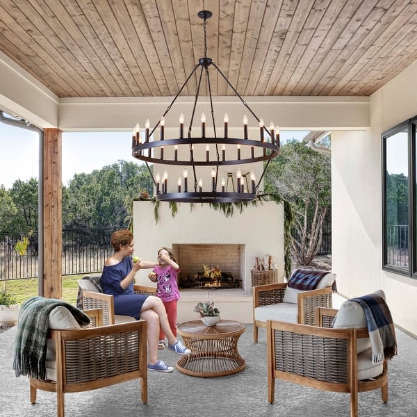 Yikrfiae 48" 2-Tier Wagon Wheel Chandelier – 36-Light Extra Large Farmhouse Fixture With Adjustable Chain, Dimmable, For Dining Room & Foyer