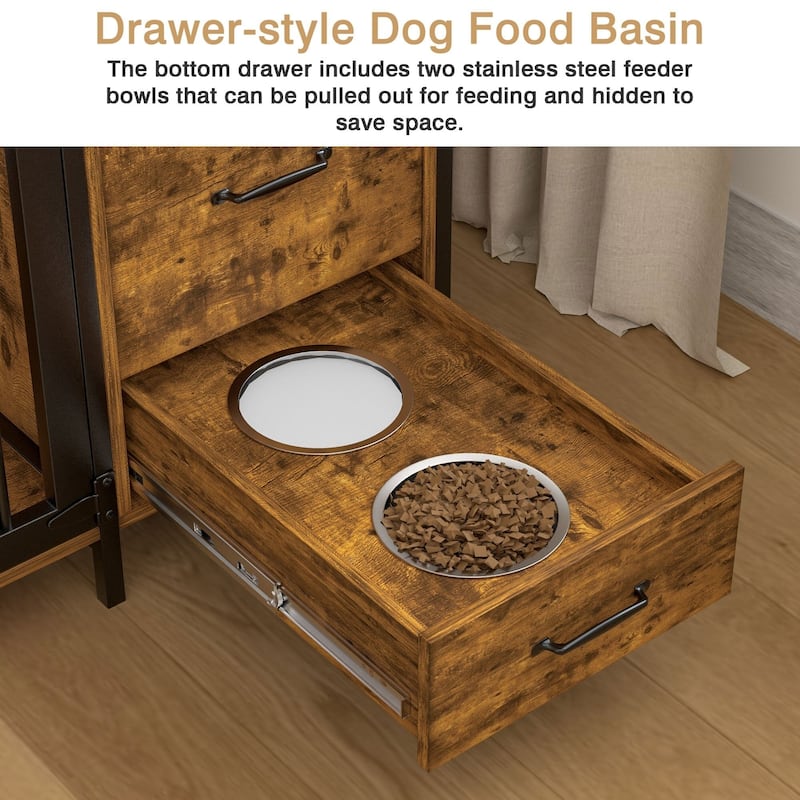 Javlergo Multi-Functional Dog Crate Furniture with Lockable Doors Food Storage 3 Drawers & Pull-Out Feeding Bowls for Dogs