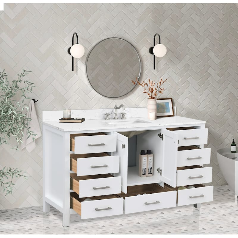 OpalithD 60 in. Bathroom Vanity with Single Sink, Wood Bath Cabinet with Top