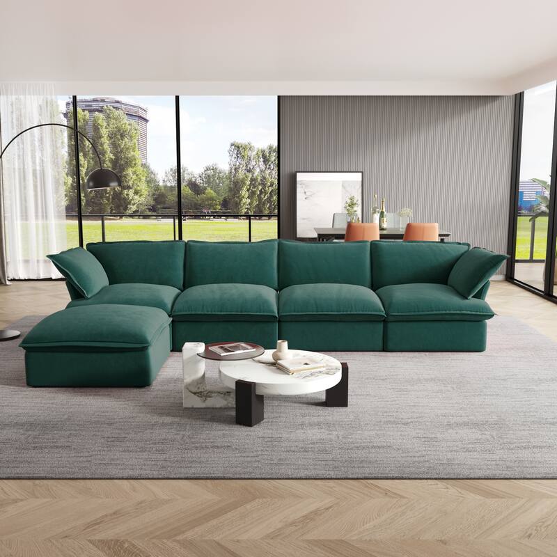 Cloud Sectional Sofa, 5-Seater Down Feather Modular Sofa L-shaped Velvet Wide Deep Seat Convertible Couch. - Green
