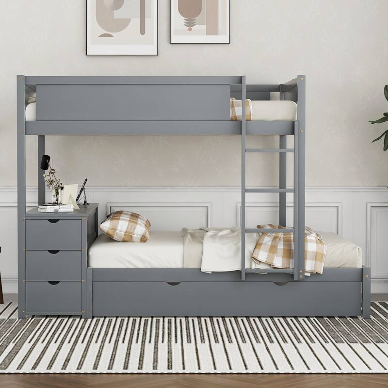 Full-Over-Full Bunk Bed with Twin Trundle, Storage, Desk, and USB Ports, Gray