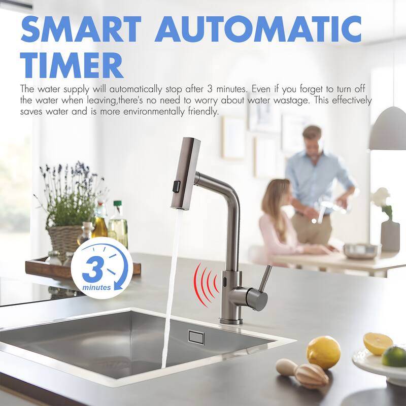 Single Handle 14.5 in. Pull Out Sprayer Touchless Kitchen Faucet with 360° Swivel Spout 1-Hole Basin Sink Tap