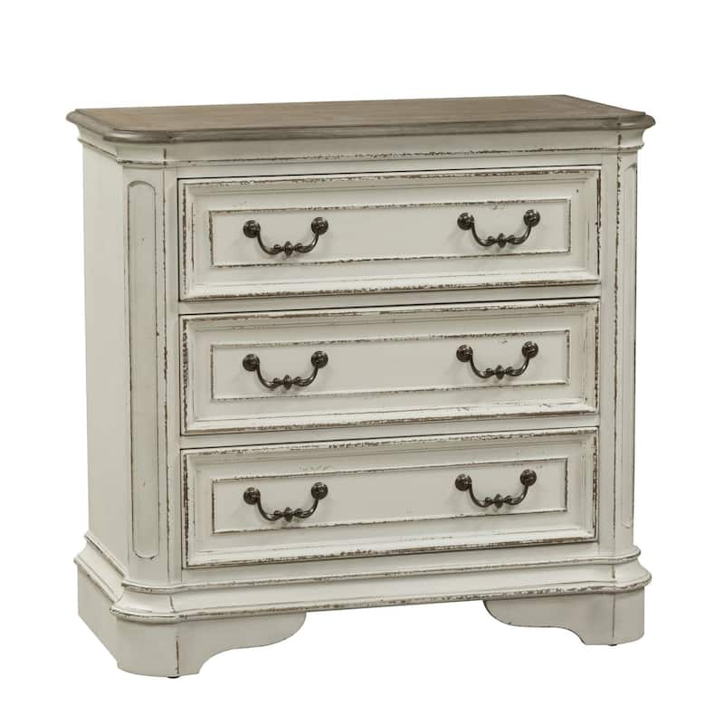 Magnolia Manor Antique White Weathered Bark 3 Drawer Bedside Chest Charging Station