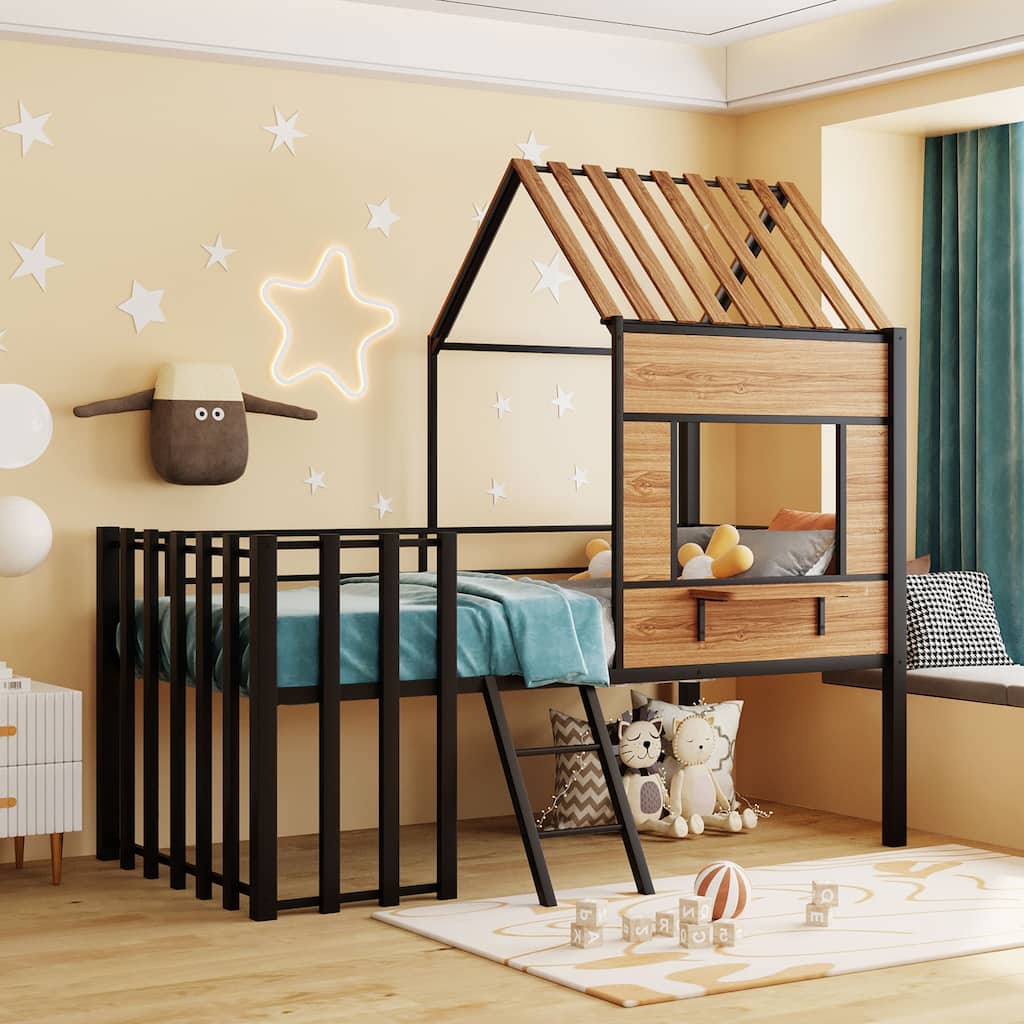 Metal Twin size Loft Bed with Roof, Window, Guardrail