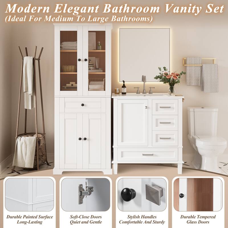 67.57" Tall Bathroom Storage Cabinet and 30" Bathroom Vanity with Sink Combo, Modern Freestanding Cabinet Set with Glass Doors