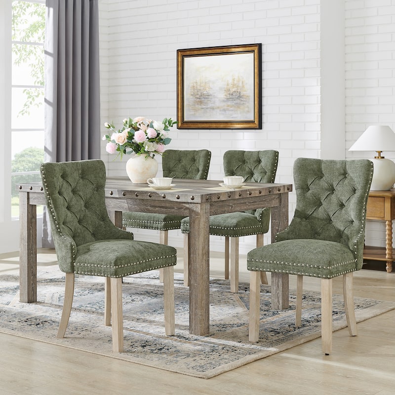 Morden Fort Tufted Dining Chair, Accent Chairs with Studded Trim and Pull Ring - Green - Set of 4