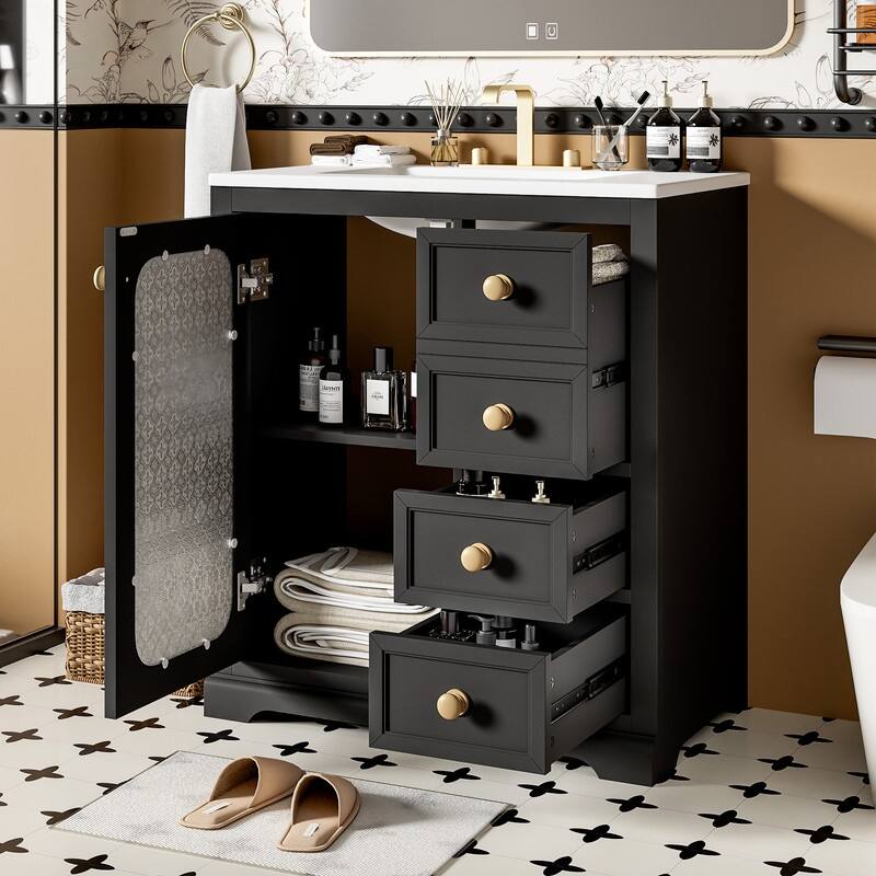 30''/36'' Bathroom Vanity with Sink, 3 Drawers Bathroom Storage Cabinet with Soft-Close Glass Door and Adjustable Shelf - Black - 30''W