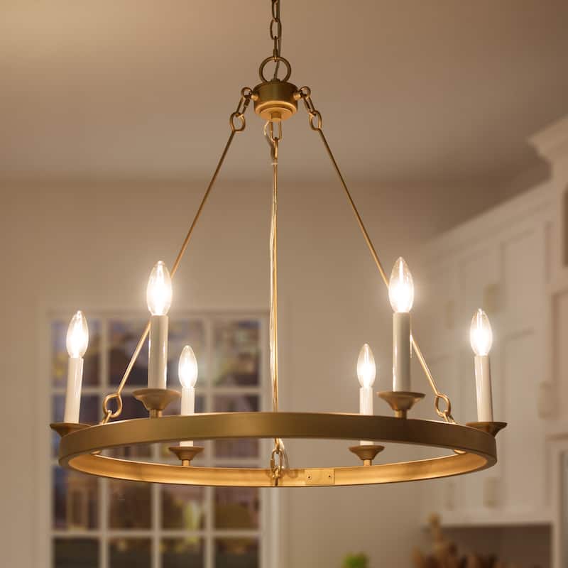 Rustic Farmhouse 6-light Wagon Wheel Chandelier Candle Ceiling Lighting Dining Room Entryway - L26.4" xW26.4 "xH25.6"