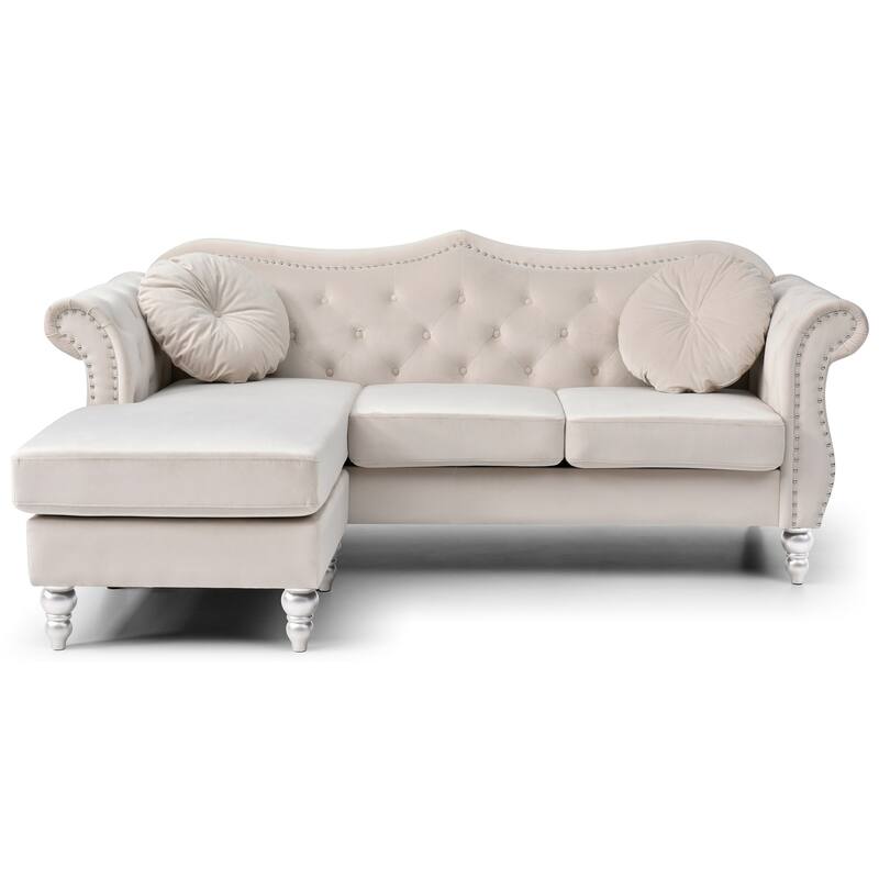 Hollywood 81 in. Velvet Chesterfield Sectional Sofa with 2-Throw Pillow - 81"L x 35"W x 34"H