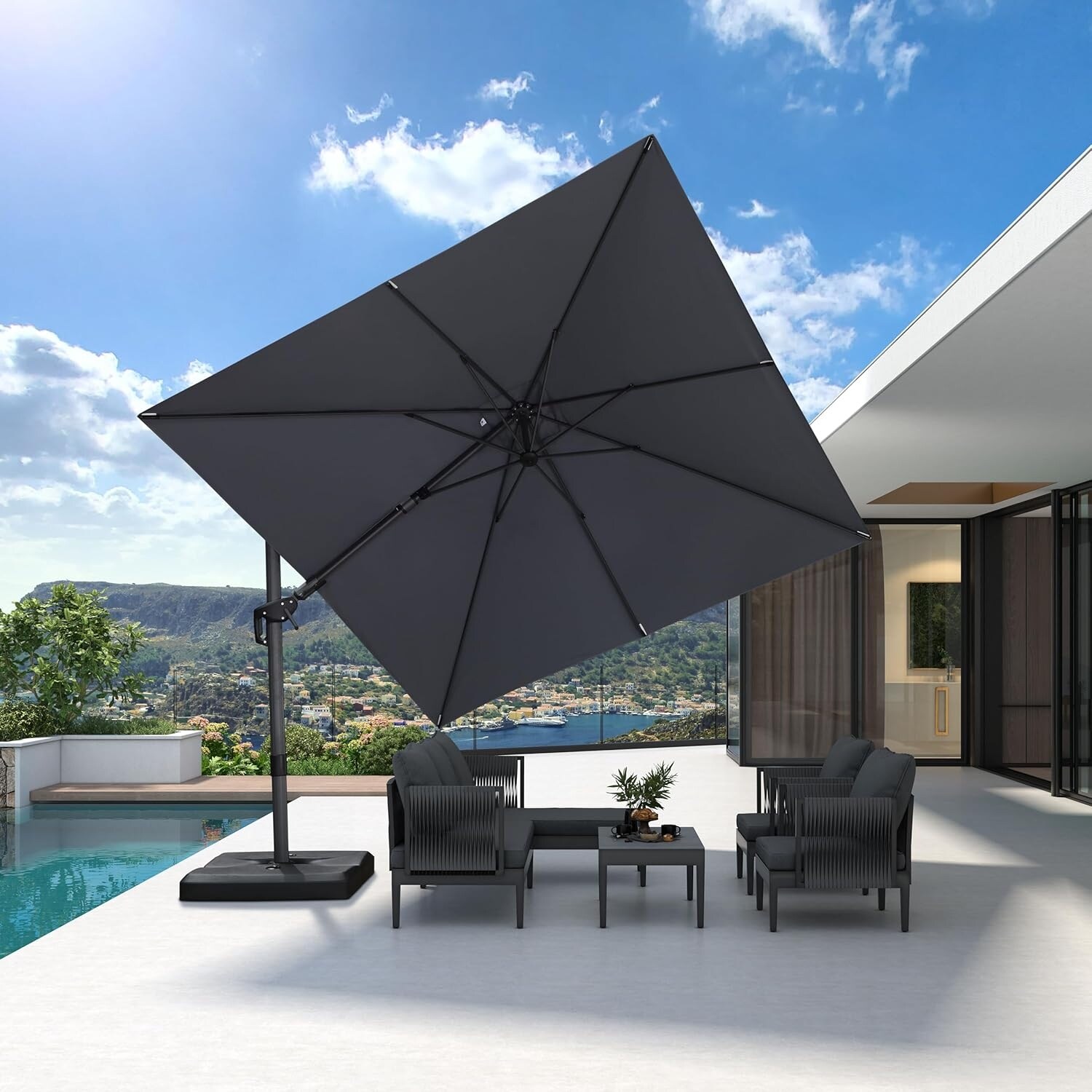9.8' X 9.8' Left-right Tilting Patio Umbrella with 360-degree Rotation, Light Grey