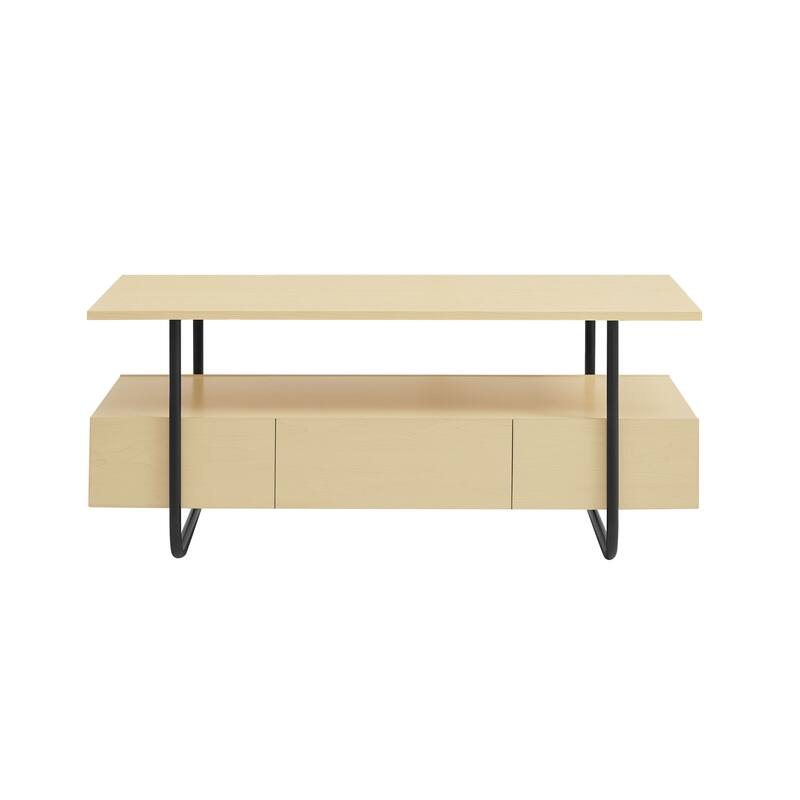 DH BASIC 2-Piece Modern Light Maple Coffee Table and End Table Set with Cubby Shelves by Denhour