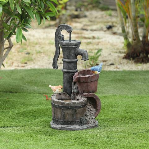 Resin Whiskey Barrels and Water Pump Outdoor Patio Fountain