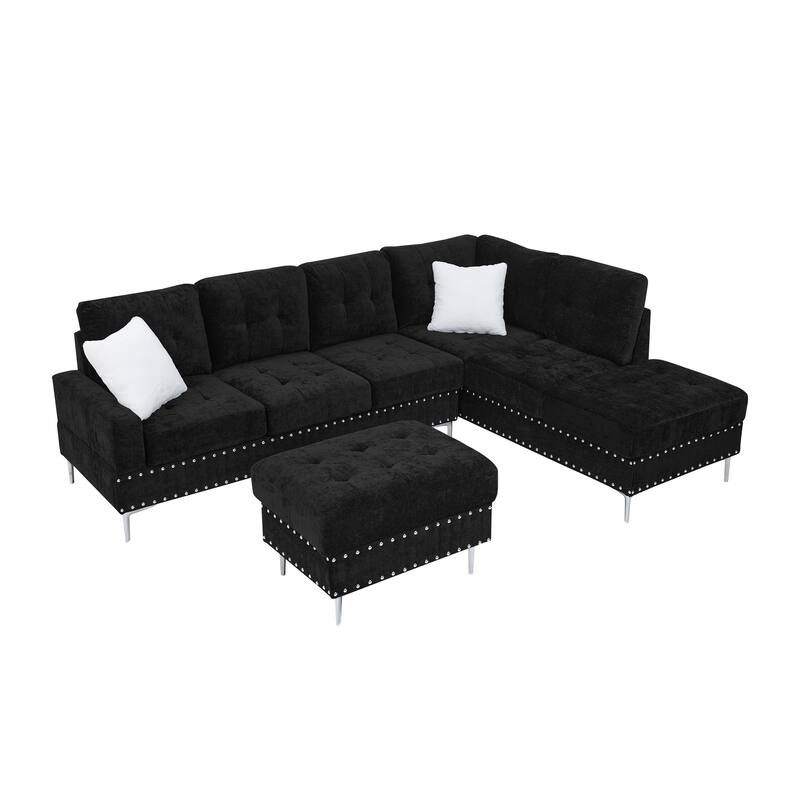 Roomfitters Sectional 3-Seater Sofa with Chaise, Storage Ottoman, Metal Legs, Nailhead Trim and Two Pillows