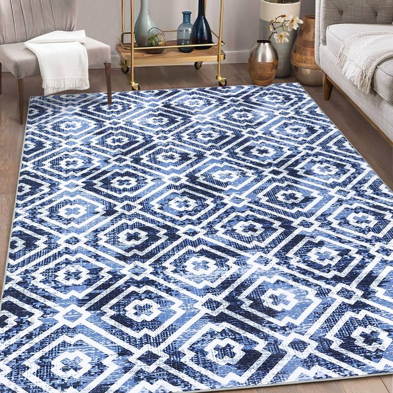 Geometric Area Rugs for Living Room Bedroom Distressed Washable Accent Rug Non-Slip Low Pile Carpet
