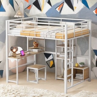 Full Size Loft Bed with Desk and Stool, Metal Loft Bed with Open-Style Wardrobe, Shelves and Cabinet