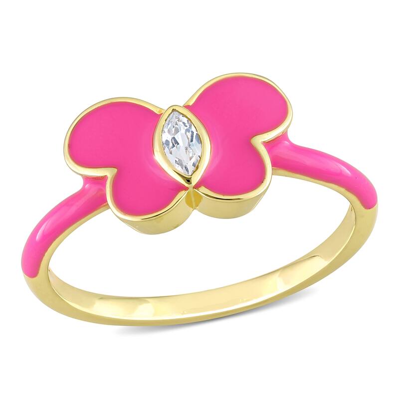 Miadora Created White Sapphire Butterfly Enamel Ring in Yellow Plated Sterling Silver