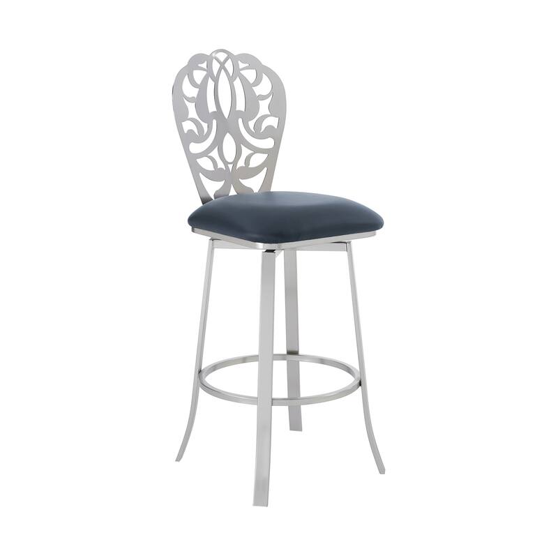 30 Inch Grey Faux Leather Bar Height Stool with Brushed Steel Frame, Modern Kitchen or Dining Counter Seating