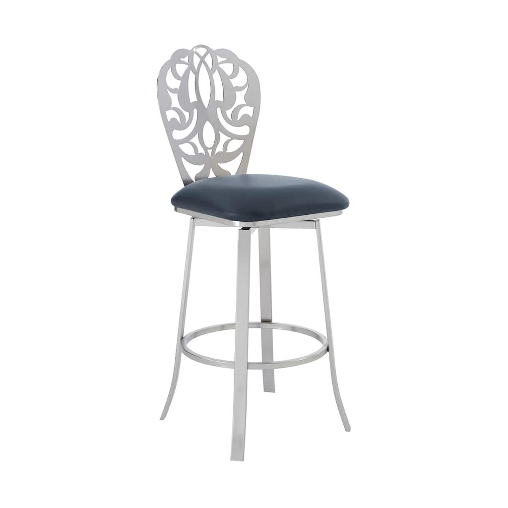 30 Inch Grey Faux Leather Bar Height Stool with Brushed Steel Frame, Modern Kitchen or Dining Counter Seating