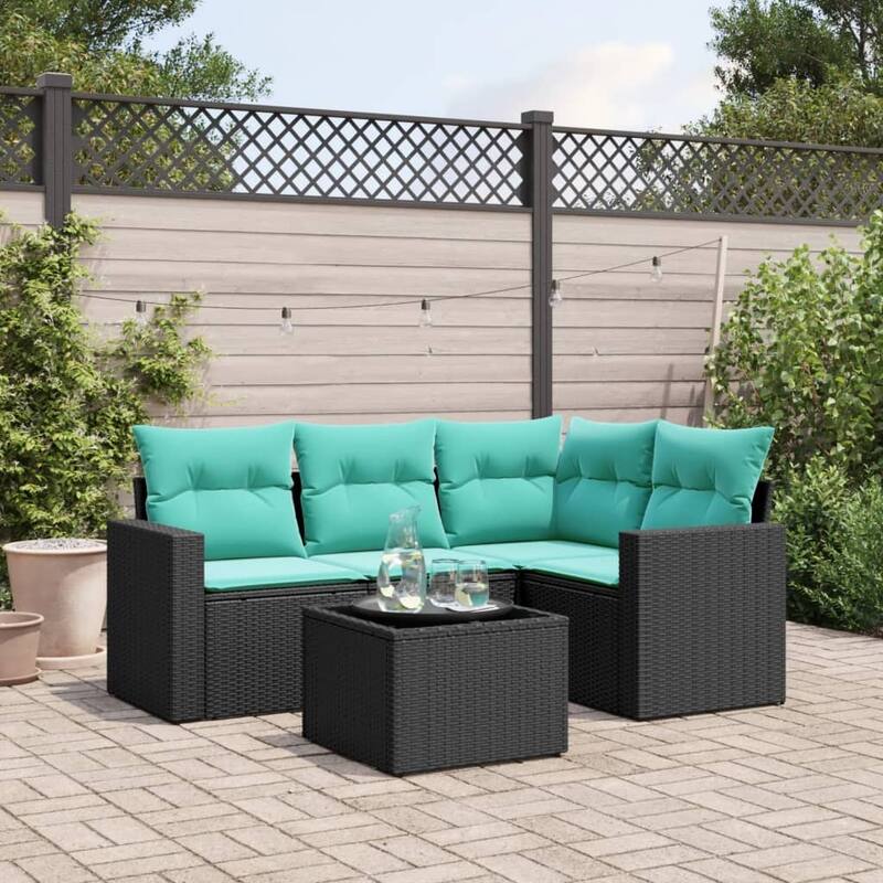 vidaXL 5 Piece Patio Sofa Set with Cushions Black Poly Rattan - 24.4" x 24.4" x 27.2" - Black and blue