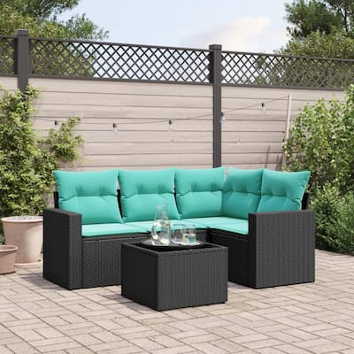 vidaXL 5 Piece Patio Sofa Set with Cushions Black Poly Rattan - 24.4" x 24.4" x 27.2"