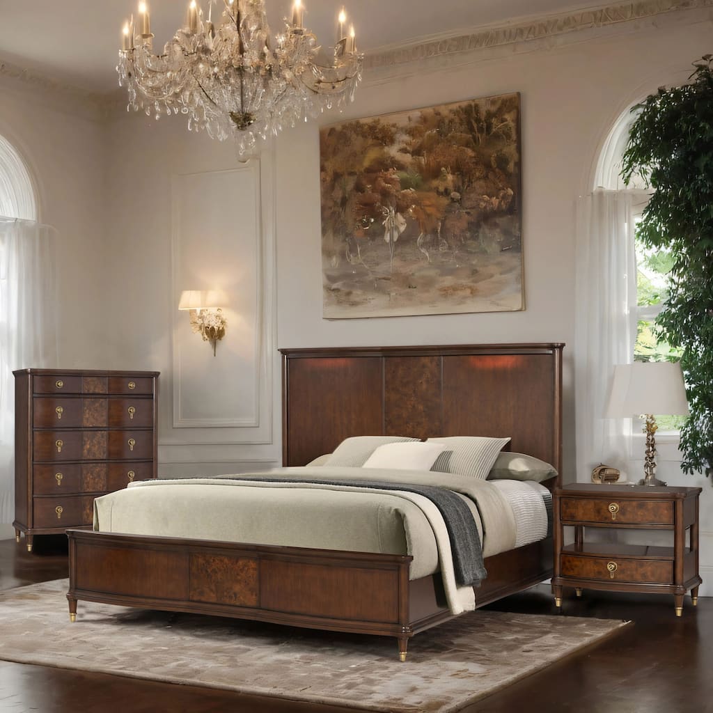 Furniture of America Prylen Modern 3-Piece Dark Cherry Solid Wood Panel Bedroom Set with LED Reading Lights