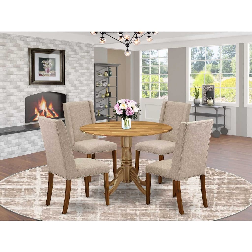 HomeStock 5-Piece Round Natural Oak Finish Solid Wood Top Dining Table with 4 Parson Chair