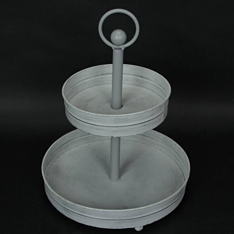 Zeckos Washed White Metal Round Two Tier Farmhouse Serving Tray - 16 X 12 X 12 inches