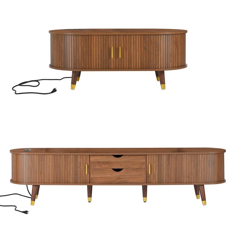 Wooden Tv Stand & Coffee Table Set With Charging Station,Sliding Doors For Tvs Up To 80",Table With Solid Wood Legs