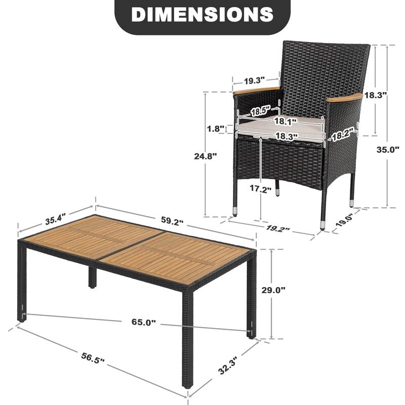 Acacia Wood Wicker Patio Dining Set with Cushions, Black