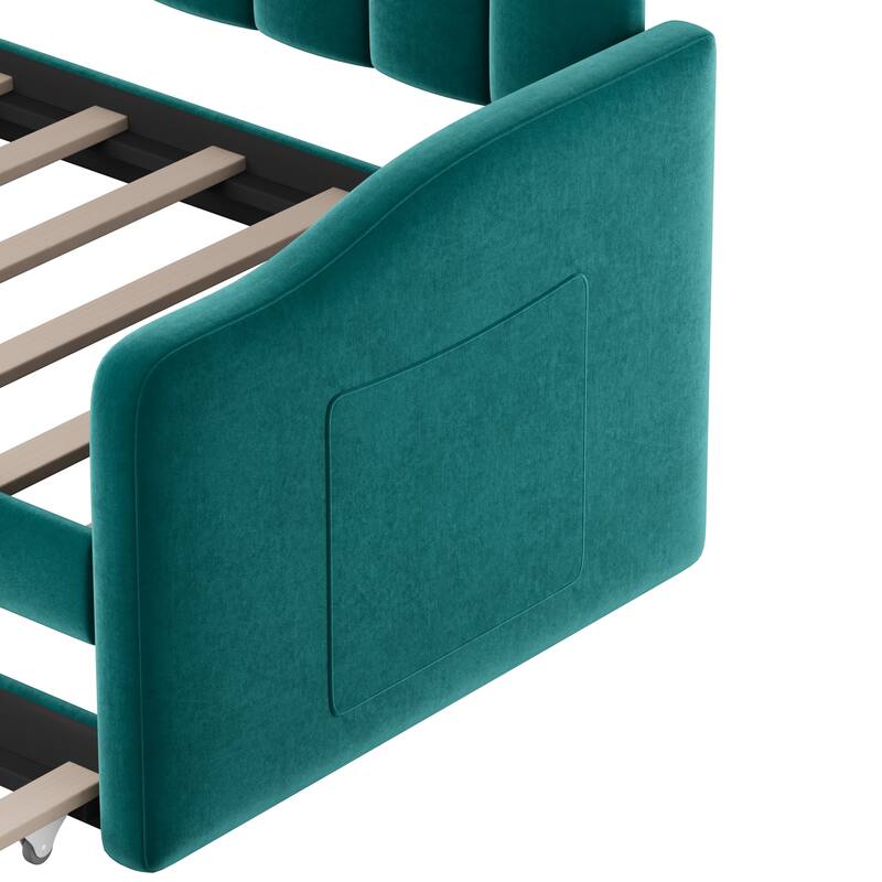 Twin Size Velvet Upholstered Daybed Vertical Stripes Backrest Sofa Bed with Trundle Bed, 2 USB Charging Ports, 2 Large Pockets