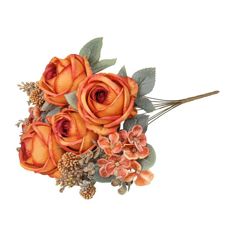 Set of 2 Orange Artificial Mixed Rose Hydrangea Berry Flower Stem Bush Bouquet 19in - 19" L x 10" W x 10" DP