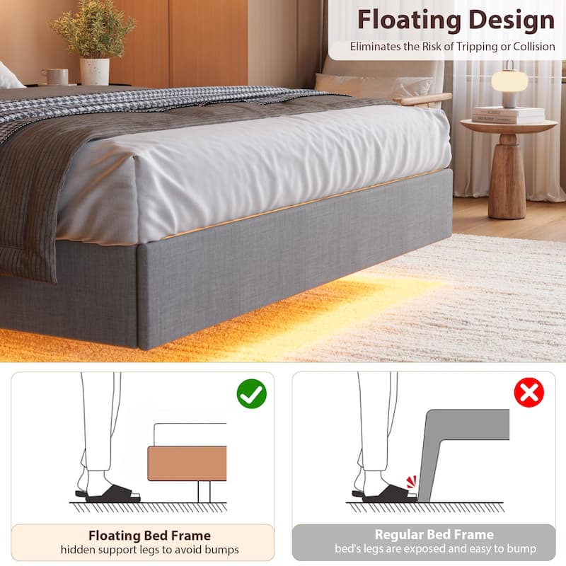 Full/Queen/King Floating Bed Frame with LED Lights & Charging Station, Upholstered Platform Bed with Storage Headboard