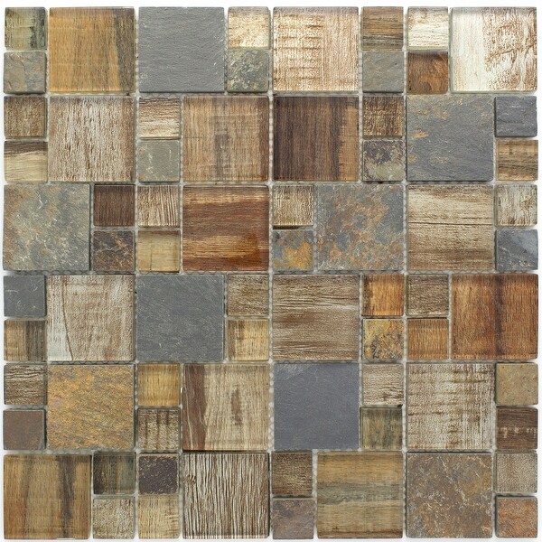 Shop TileGen. Random Sized Glass and Stone Wood Look Tile ...