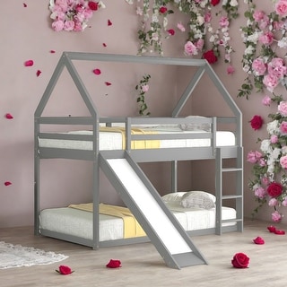 Grey Twin Size Bunk House-Shaped Bed With Slide And Ladder for Home