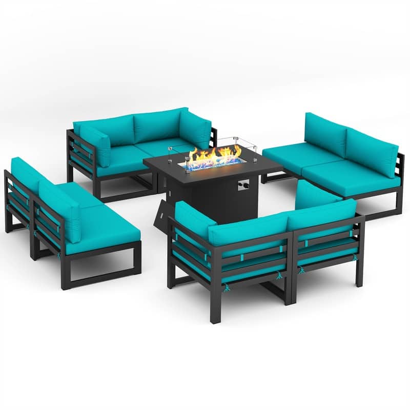 FINCATI 9 Piece Extra-large Outdoor Furniture Aluminum Patio Set with Propane/Natural Gas Firepit Table