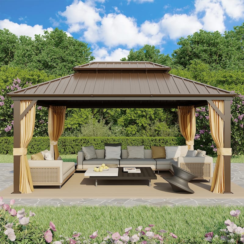Outdoor Hardtop Gazebo with Galvanized Steel Double Roof & Aluminum Frame, Outdoor pergola with Premium Curtains and Nettings - 12'x16' - Clearance Prime