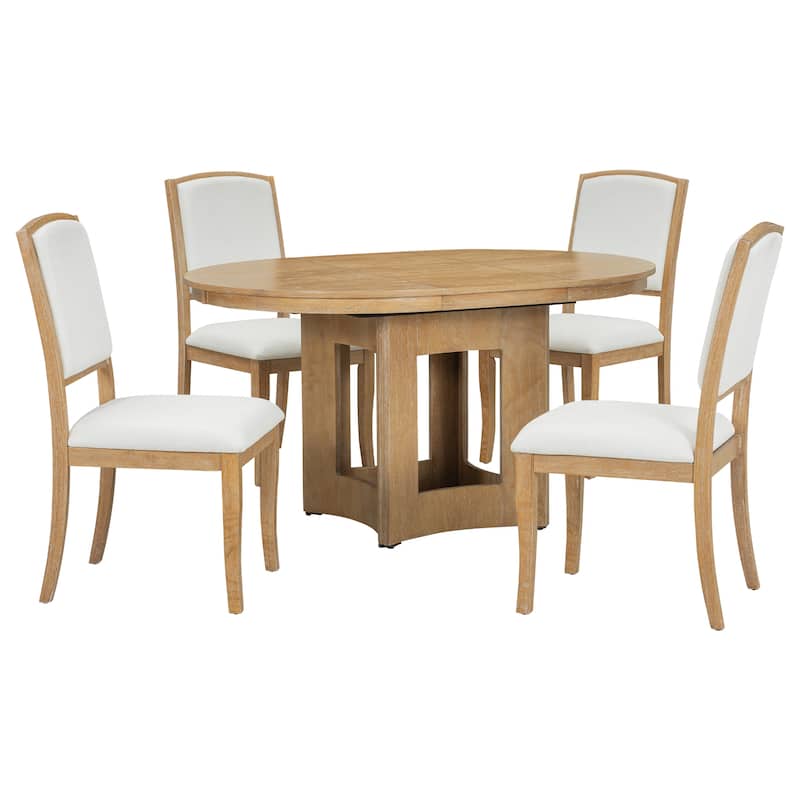 Farmhouse 5-Piece Extendable Round Dining Table Set with 4 Upholstered Chairs for Compact Living Spaces