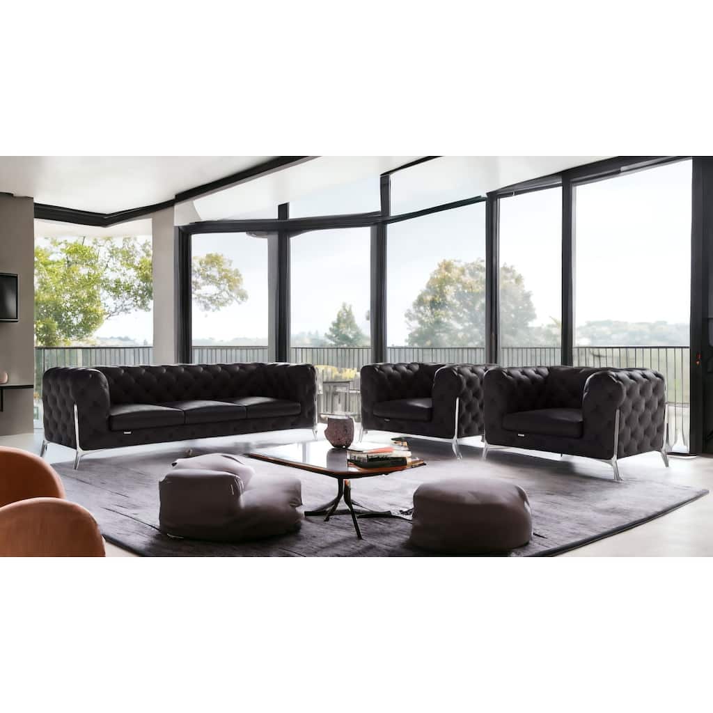 HomeRoots Three Piece Indoor Black Italian Leather Five Person Seating Set