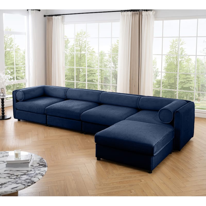 L-Shaped Upholstered Sofa with Storage Seat, 142.5" Chenille Sofa with Round Arms, Modern Sectional Couch for Living Room