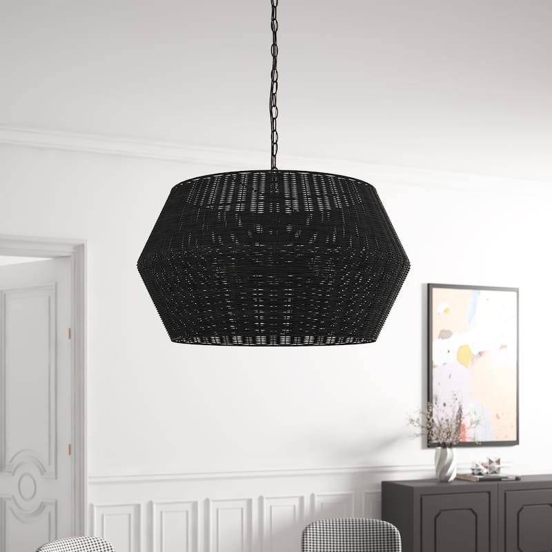 Matte Black 6-Light Natural Handwoven Rattan Pendant Lighting Fixture - Black