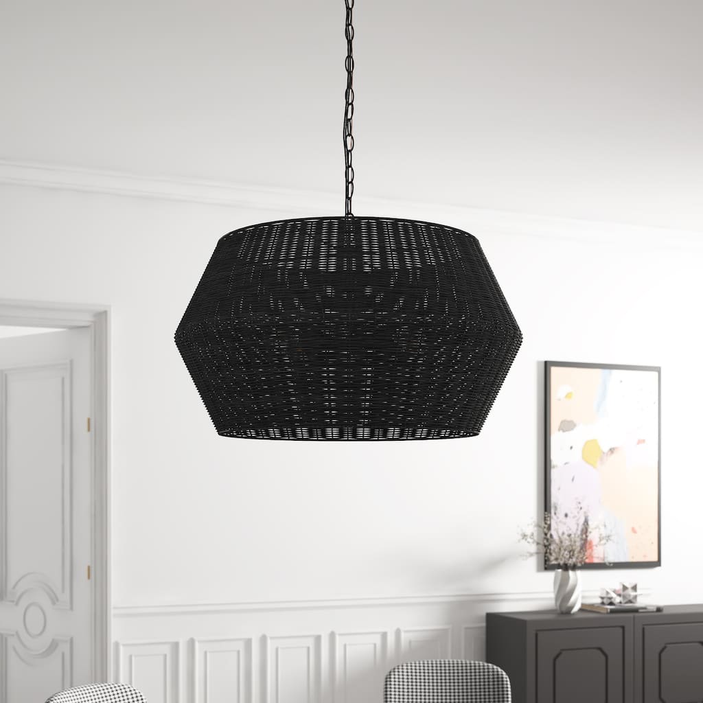Matte Black 6-Light Natural Handwoven Rattan Pendant Lighting Fixture
