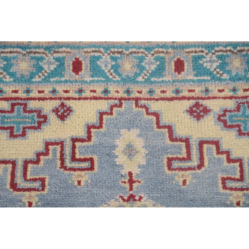 Geometric Kazak Accent Rug Handmade Blue Wool Carpet - 3'0"x 4'11"